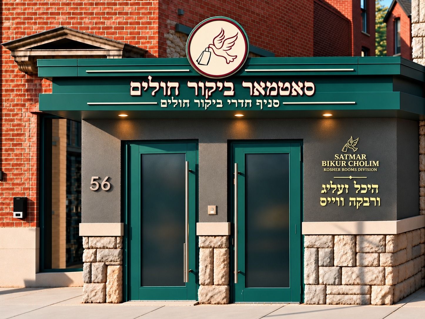 The entrance of Satmar Bikur Cholim, Kosher Rooms Division, at 56 Franklin Avenue, Brooklyn: a green canopy with the dove emblem and the Hebrew name סאטמאר ביקור חולים, two green doors beside the number 56, and a gold wall sign reading Satmar Bikur Cholim, Kosher Rooms Division, היכל זעליג ורבקה ווייס