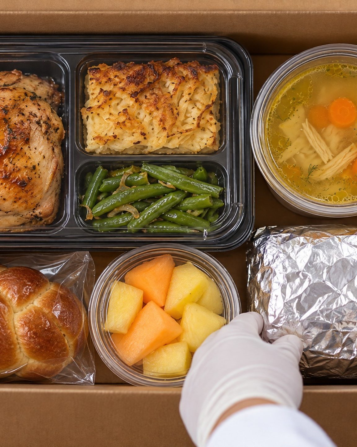 A packed box: a full meal tray, soup, challah, fruit and cake