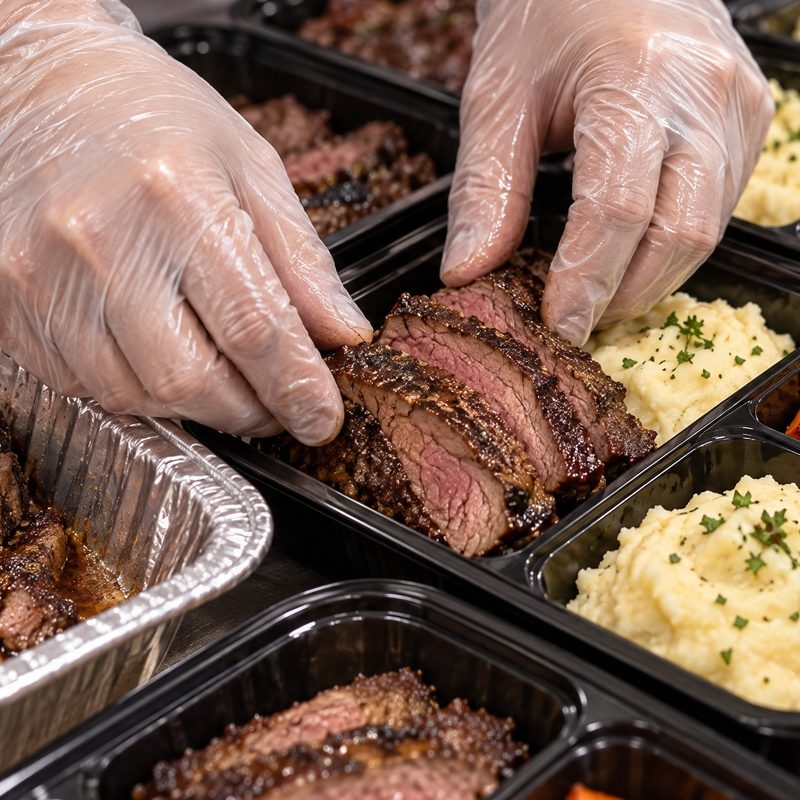 Sliced beef laid into the trays
