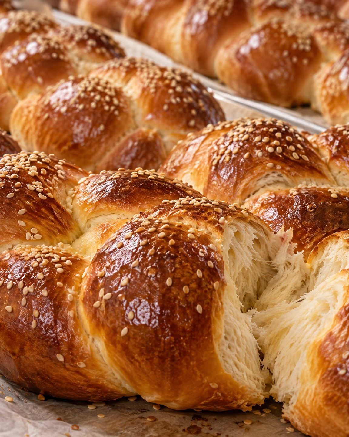 Braided challah loaves, golden and fresh, ready for Shabbos