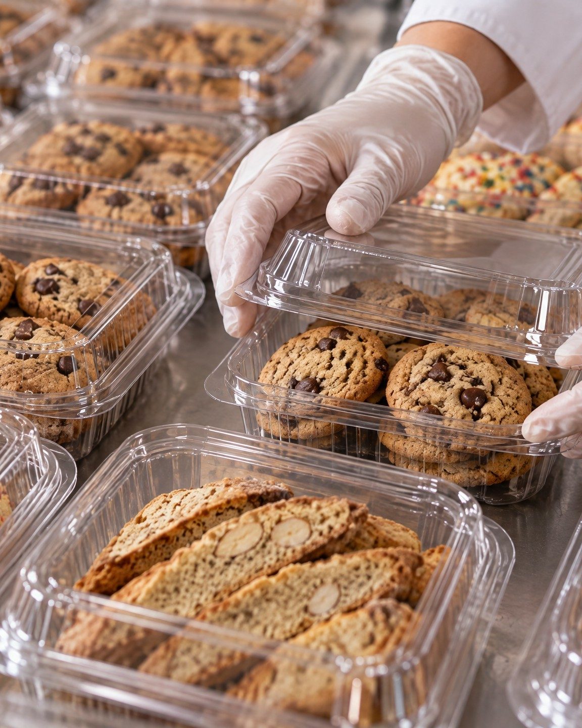 Gloved hands closing clear boxes of cookies and biscotti