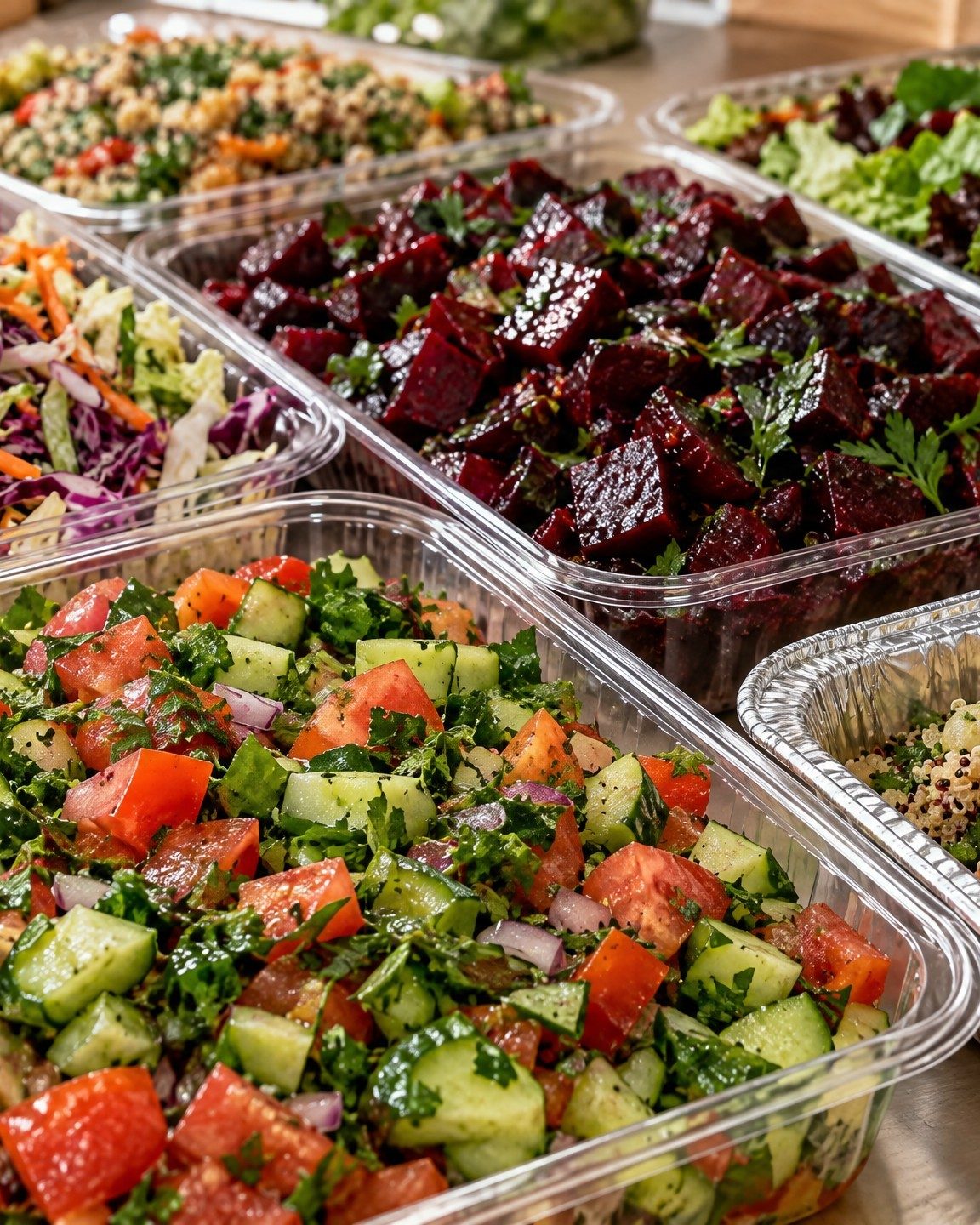 Fresh salads in trays: Israeli salad, beets, quinoa and greens