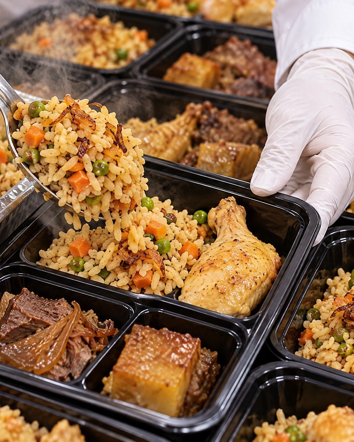 Gloved hands filling meal trays with rice and a warm main