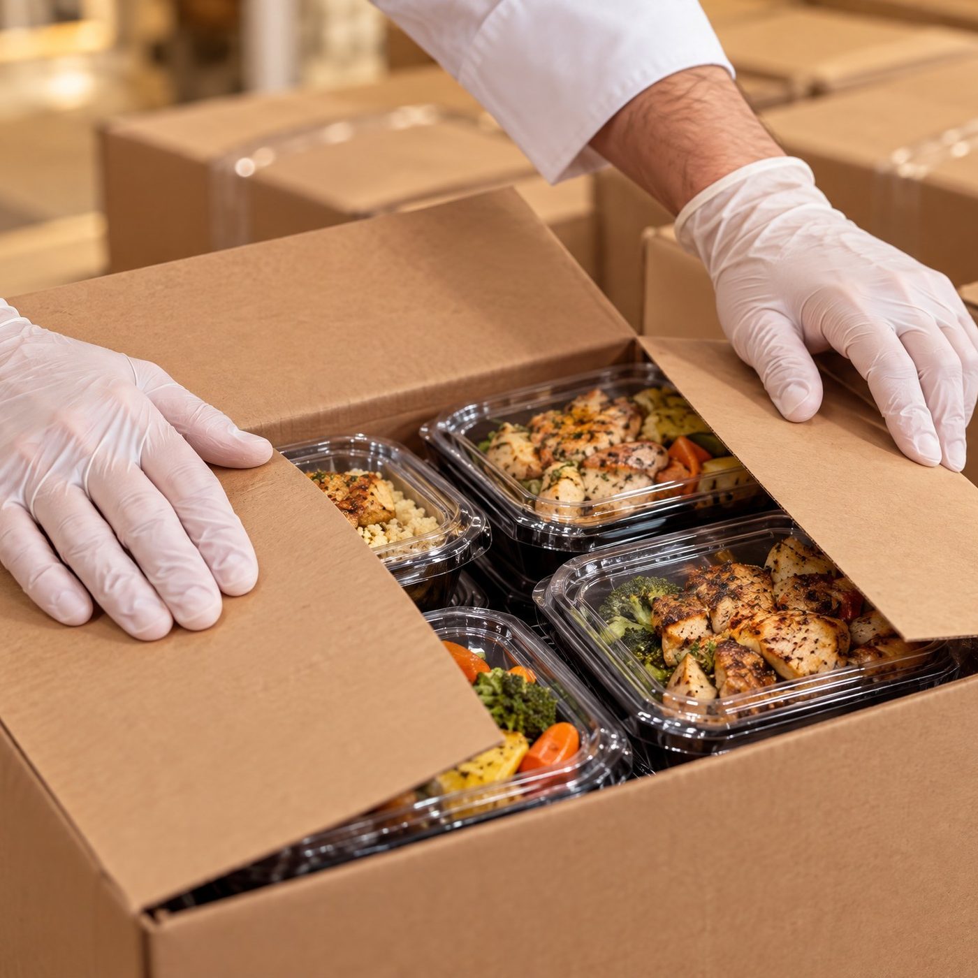 A box of lidded meals, closed and ready to go