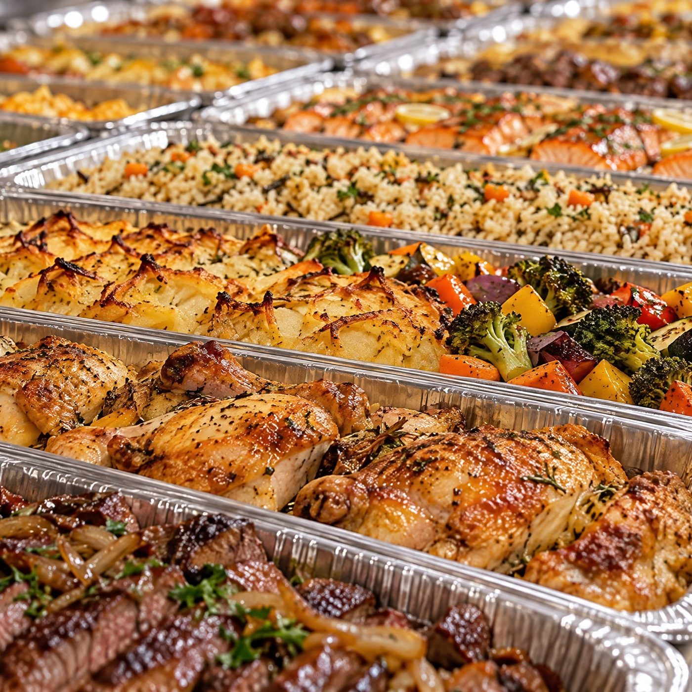 Pans of beef, chicken, kugel, rice and vegetables, fresh in from the caterers