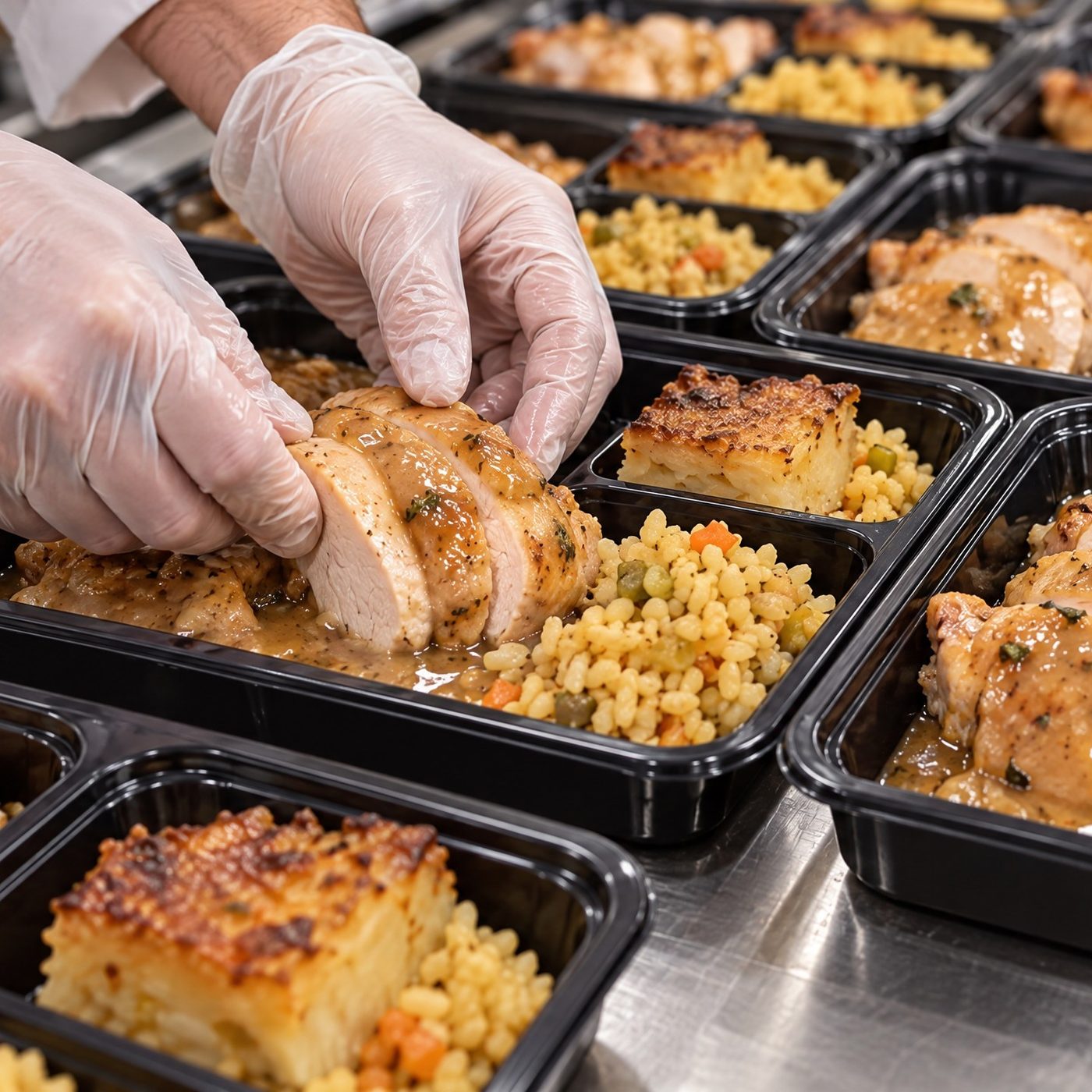 Gloved hands plating chicken, kugel and rice into meal trays