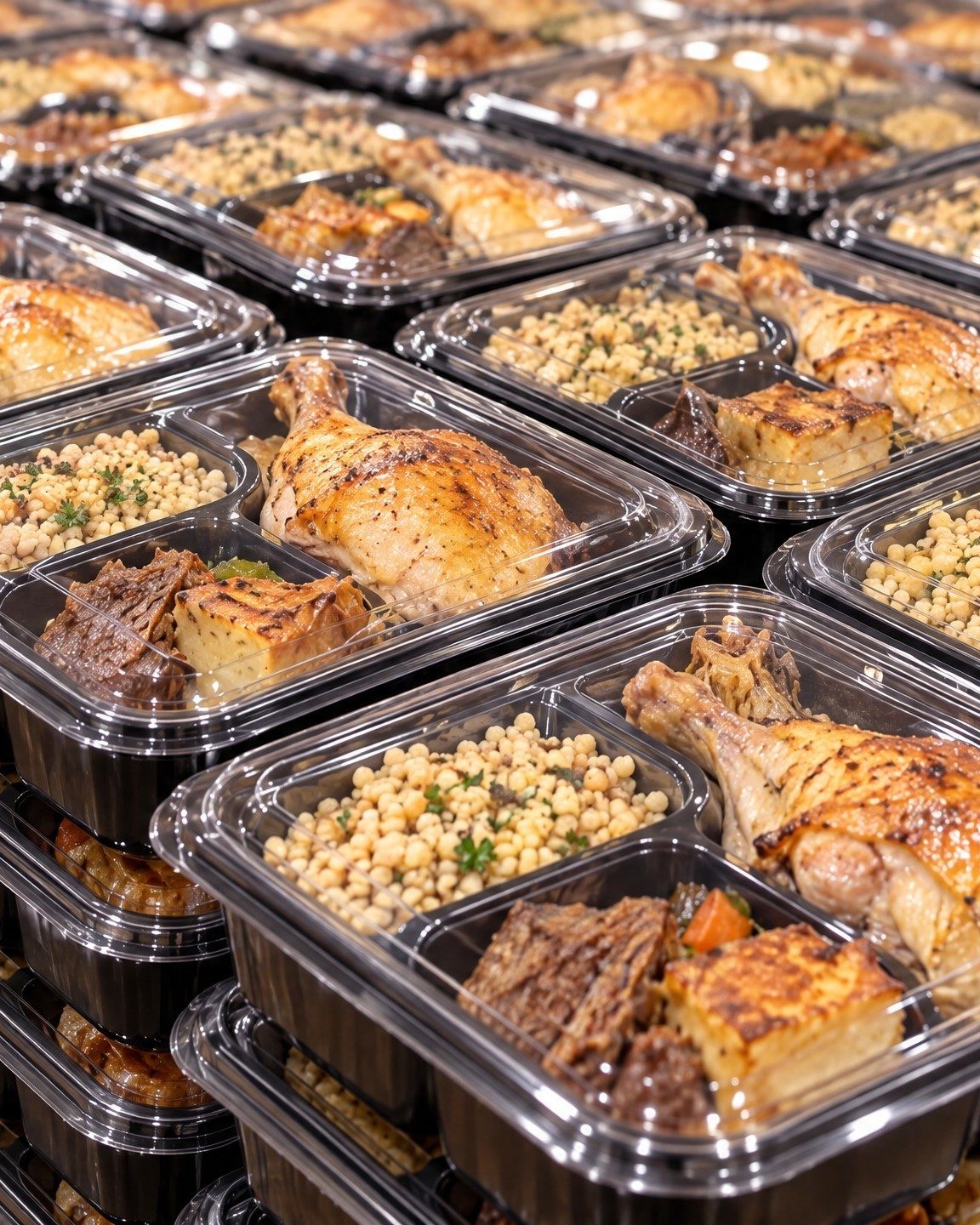 Stacks of lidded meal trays, ready for the hospital Kosher rooms