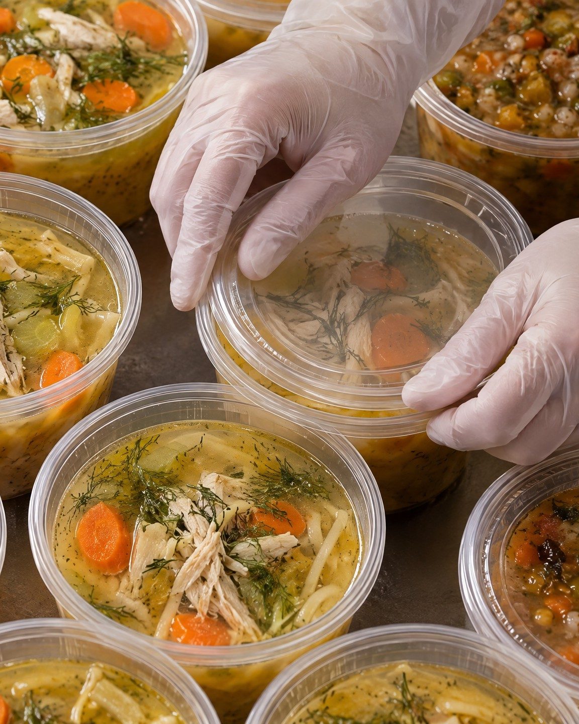 Gloved hands putting lids on containers of soup