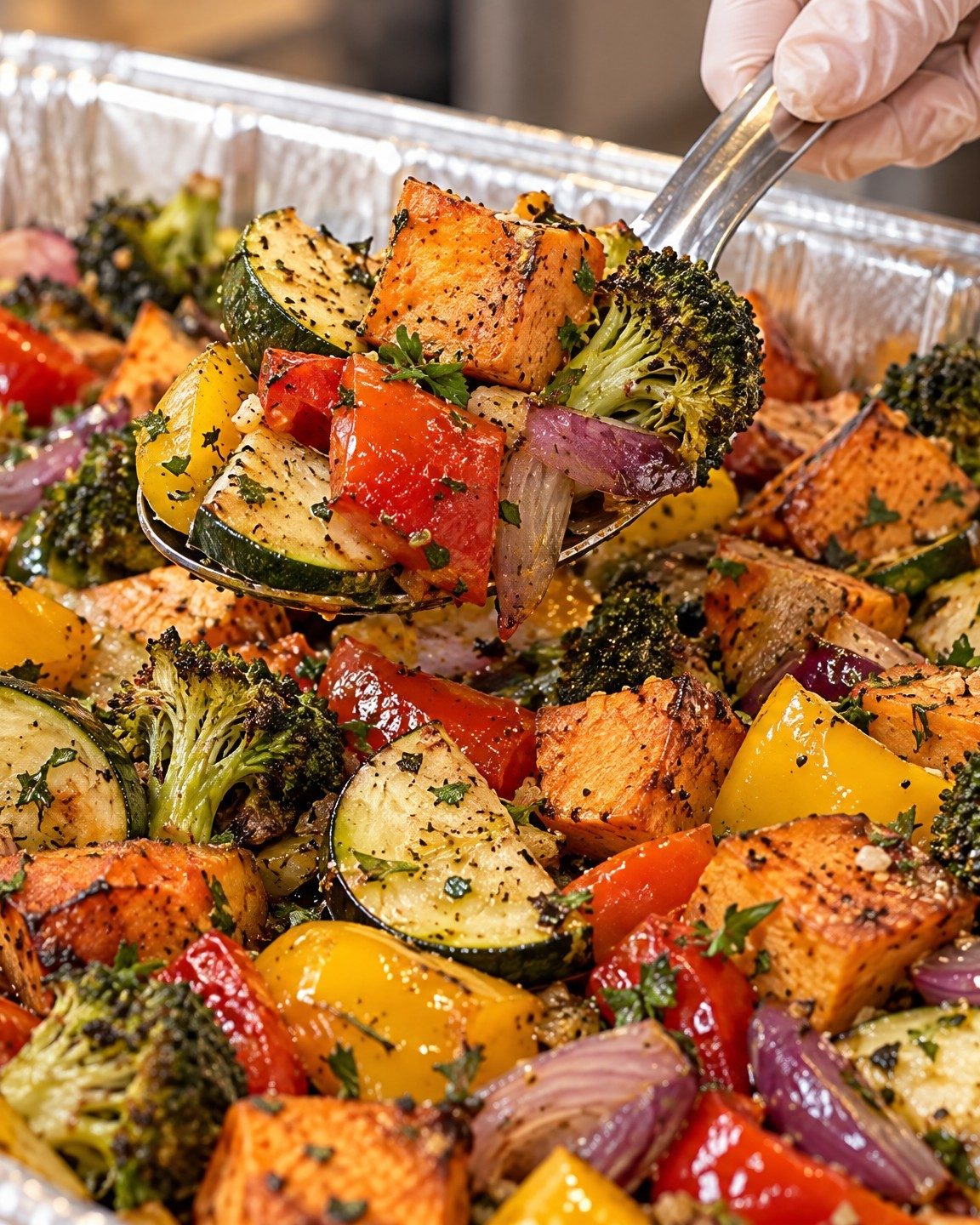 A foil pan of roasted vegetables, served with a gloved hand